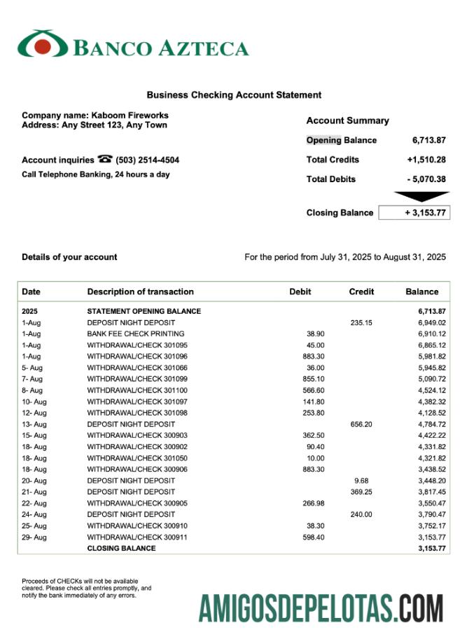 Organização Salvador Banco Azteca Extrato de conta corrente em formato Word e PDF